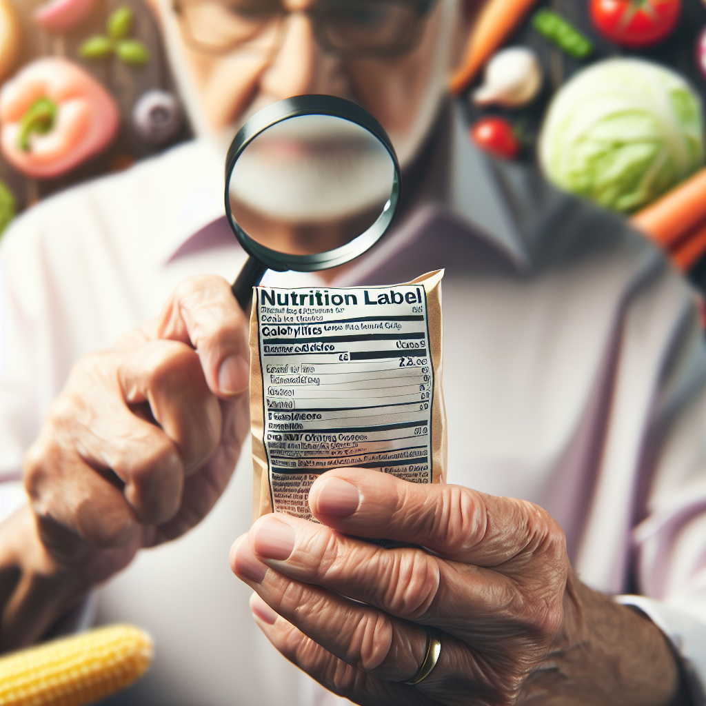 A close-up shot of hands holding and carefully examining the nutrition label of a food package, with specific attention drawn to the 'carbohydrates' or 'calories' section, perhaps with a magnifying glass icon or subtle highlight. In the softly blurred background, a selection of whole, unprocessed low-carb ingredients like fresh vegetables and lean protein are visible. The image emphasizes making informed food choices. Bright, clear lighting.