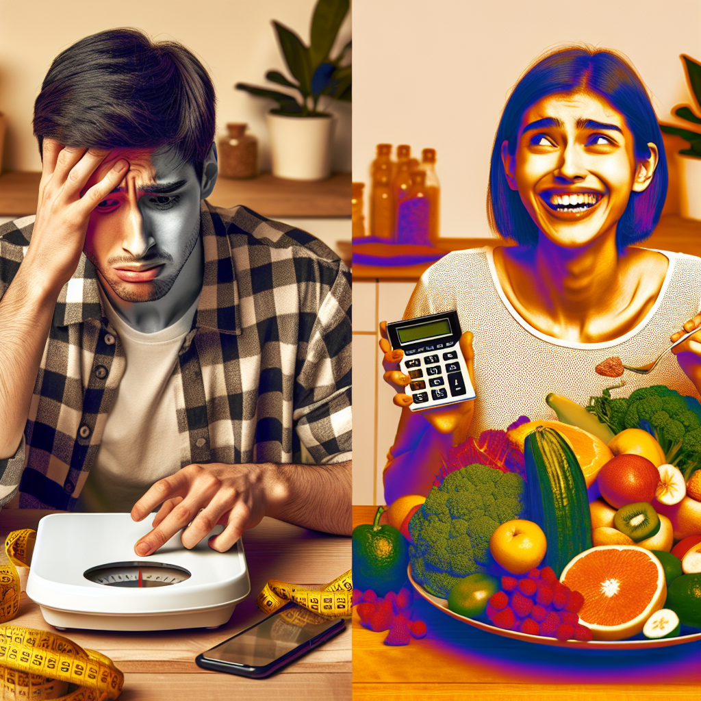 A person (gender-neutral) looking stressed while meticulously counting calories using a food scale and a calculator, with a worried expression. In stark contrast, next to them, the same person is smiling, relaxed, and happily eating a large, colorful plate of fresh, unprocessed fruits and vegetables without any counting tools. The background suggests a kitchen or dining area. High contrast, warm and cool tones.