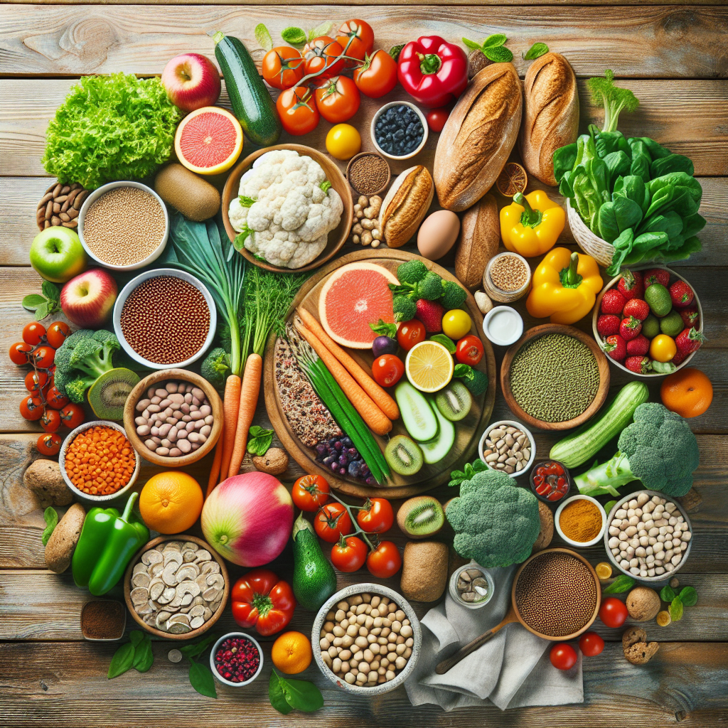 A vibrant, appetizing overhead shot of a rustic wooden table laden with an abundant variety of natural, unprocessed foods: colorful fresh vegetables, ripe fruits, whole-grain bread, lean protein, and legumes. The scene conveys health, satisfaction, and ease of eating, with no calorie scales or measuring tools visible, emphasizing 'no counting'.