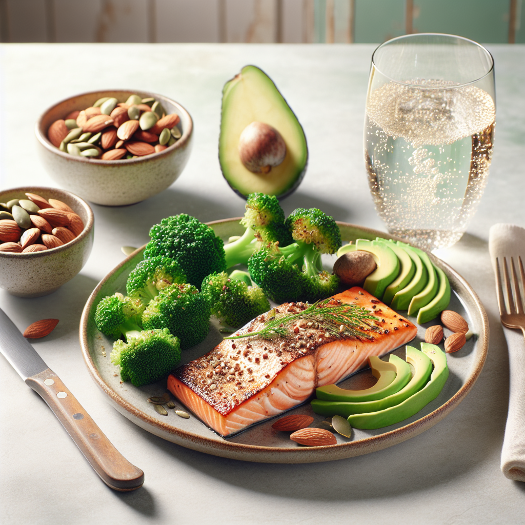 A beautifully arranged, appetizing still life of a low-carbohydrate meal on a clean, light-colored kitchen counter. The centerpiece is a grilled salmon fillet with perfectly roasted green broccoli florets and slices of fresh avocado. Beside it, a small bowl of assorted healthy nuts and seeds (almonds, walnuts, pumpkin seeds) and a glass of sparkling water. The overall aesthetic is fresh, vibrant, and natural, using soft, diffused lighting. High-resolution food photography, inviting and clean.