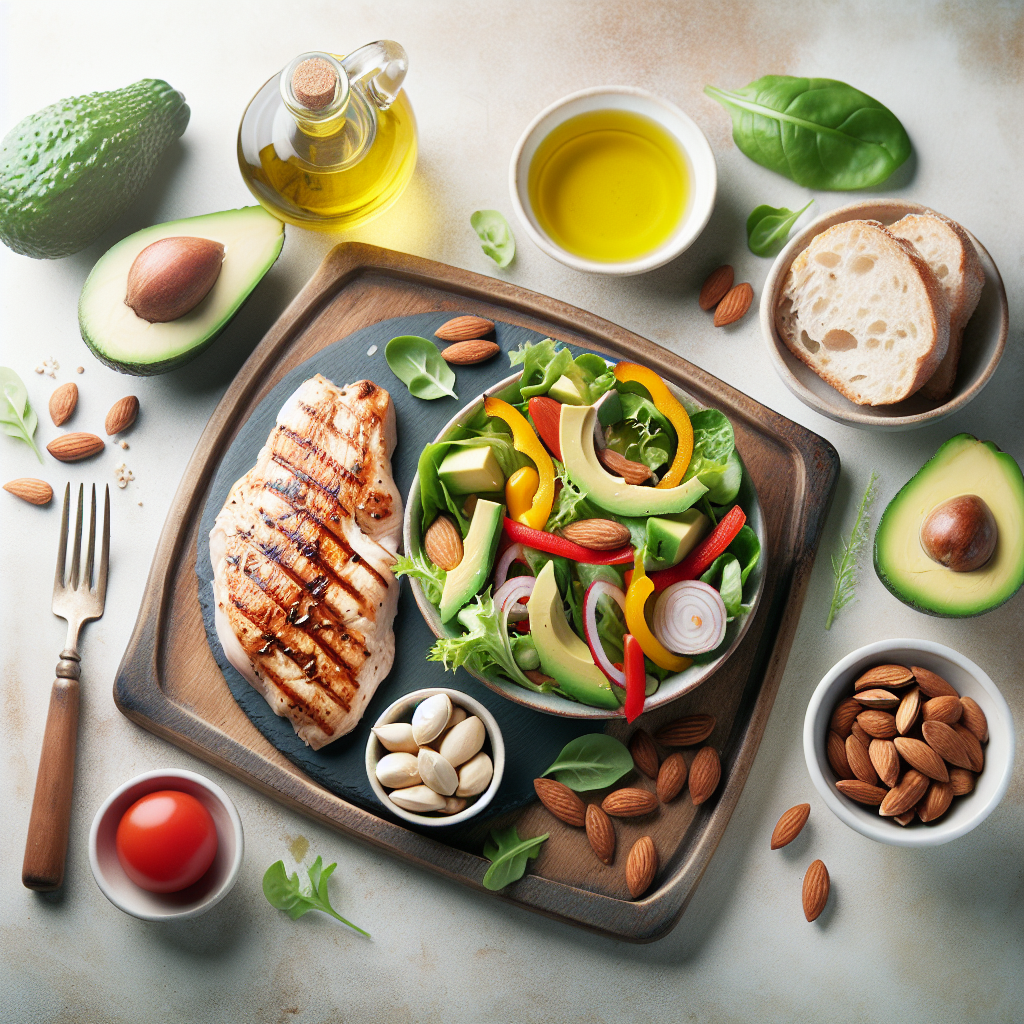A vibrant and appealing flat lay photograph showcasing a selection of healthy, low-carbohydrate foods: grilled chicken breast, fresh green salad with colorful bell peppers, avocado slices, a handful of almonds, and olive oil. In the background, subtly blurred, are classic high-carb items like a small piece of bread and a handful of pasta, indicating what is being avoided. The lighting is bright and natural, giving a fresh, clean aesthetic.