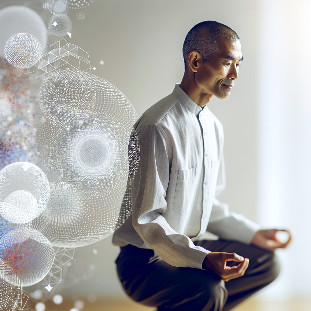 A serene and energetic person, perhaps in their 30s or 40s, taking a deep, confident breath or performing a gentle stretch in a bright, minimalist home environment. Their expression is one of peace, lightness, and renewed vitality, symbolizing the positive physical and mental well-being experienced from dietary changes, without explicitly showing weight loss. Soft, natural light fills the scene, creating an uplifting and hopeful mood.