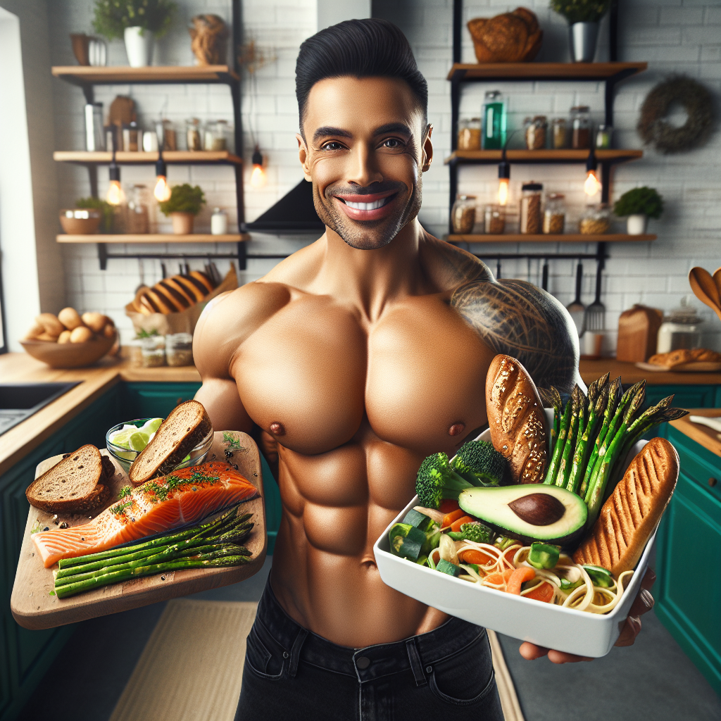 A radiant, fit person triumphantly holding a healthy, vibrant low-carb meal (e.g., grilled salmon, asparagus, avocado salad) in a bright, modern kitchen. In the background, blurred or subtly pushed aside, are common carb-heavy foods like bread, pasta, and potatoes, subtly indicating a choice. The overall feeling is one of health, energy, and successful weight loss, with a focus on delicious, nutritious food. High-quality photography style.