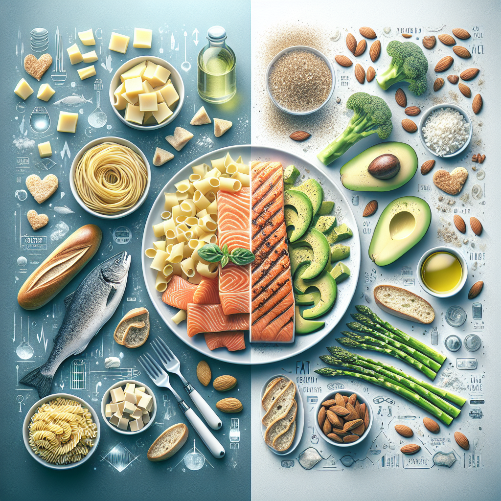 A split image composition. On the left side, a plate overflowing with typical high-carbohydrate foods like pasta, bread, and potatoes, looking somewhat heavy and less vibrant. On the right side, a beautifully arranged plate with a vibrant, appealing low-carb meal: grilled salmon, fresh green asparagus, sliced avocado, and a handful of almonds, looking light and energizing. In the background, a subtle, abstract representation of a metabolic process, showing fat cells diminishing and energy glowing. The overall style is clean and informative, highlighting the transformation from carb-heavy to low-carb eating. Bright, inviting light, high detail.