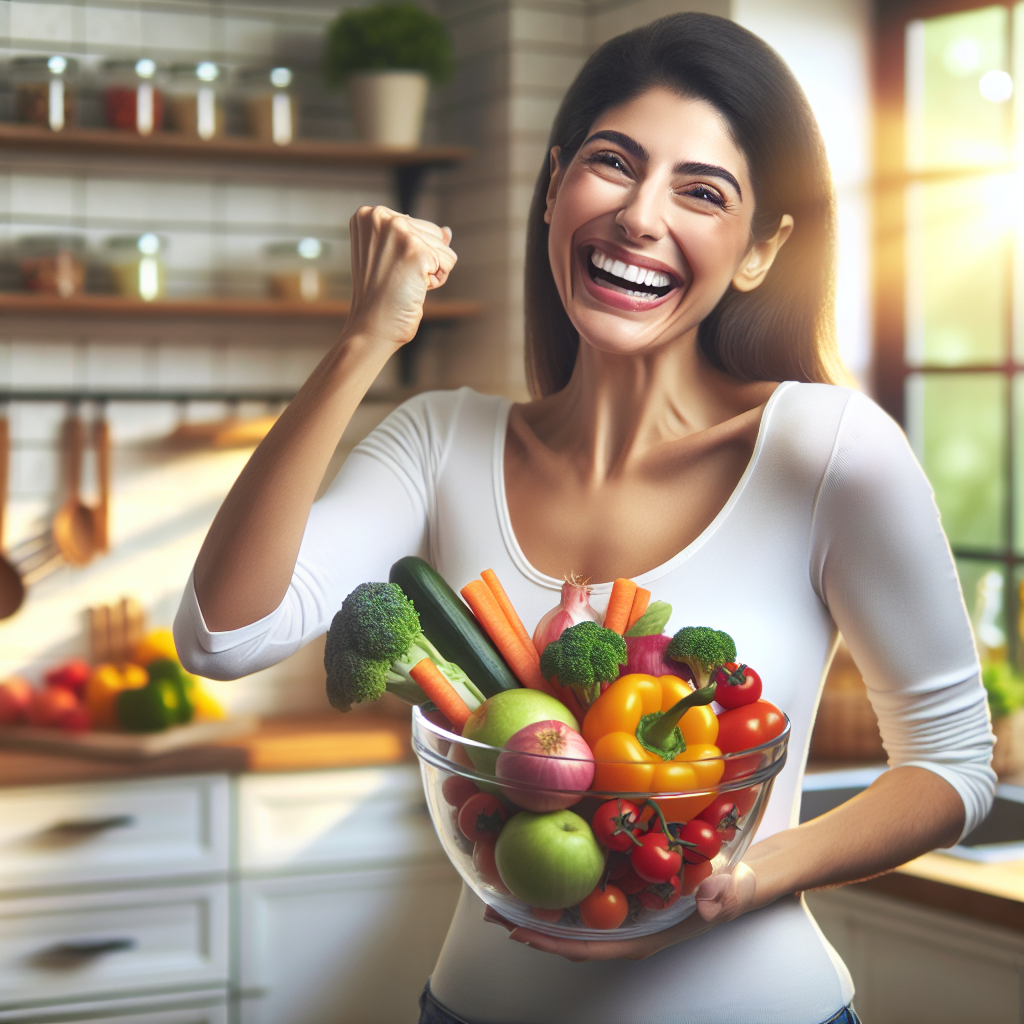 A radiant woman in her 30s, looking fit and energetic, is happily preparing a meal in a bright, modern kitchen. She is holding a bowl filled with colorful, fresh vegetables and fruits. The scene emphasizes health, vitality, and the success of a sugar-free diet for weight loss, with natural light flooding the space.