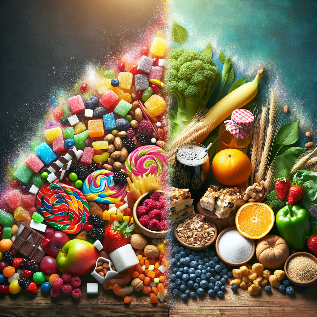 A visually compelling contrast: on one side, a blurred, chaotic pile of sugary processed foods (candies, sodas, cakes) subtly receding; on the other, a sharply focused, beautifully arranged selection of fresh, natural, sugar-free ingredients like berries, nuts, whole grains, and leafy greens. The image conveys the clarity and peace of mind from a no-sugar diet leading to effective weight loss.