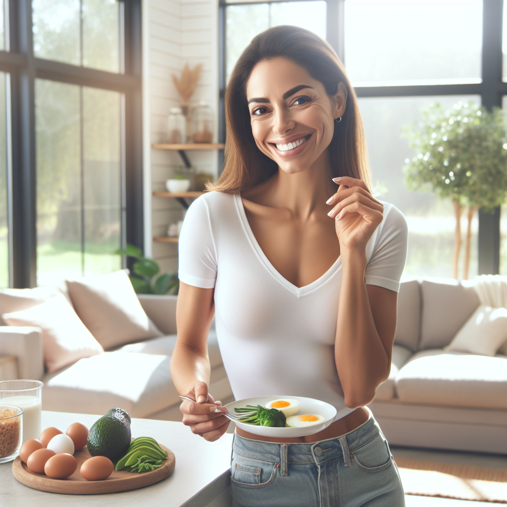 A contented person in a bright, modern kitchen, smiling gently while enjoying a plate of colorful, healthy keto foods like avocado, eggs, and leafy greens. In the background, there are no sports equipment visible, but perhaps a cozy couch or a window with a peaceful view. The person looks slim and healthy, emphasizing effortless weight loss without strenuous exercise. Soft, natural lighting, a peaceful atmosphere.