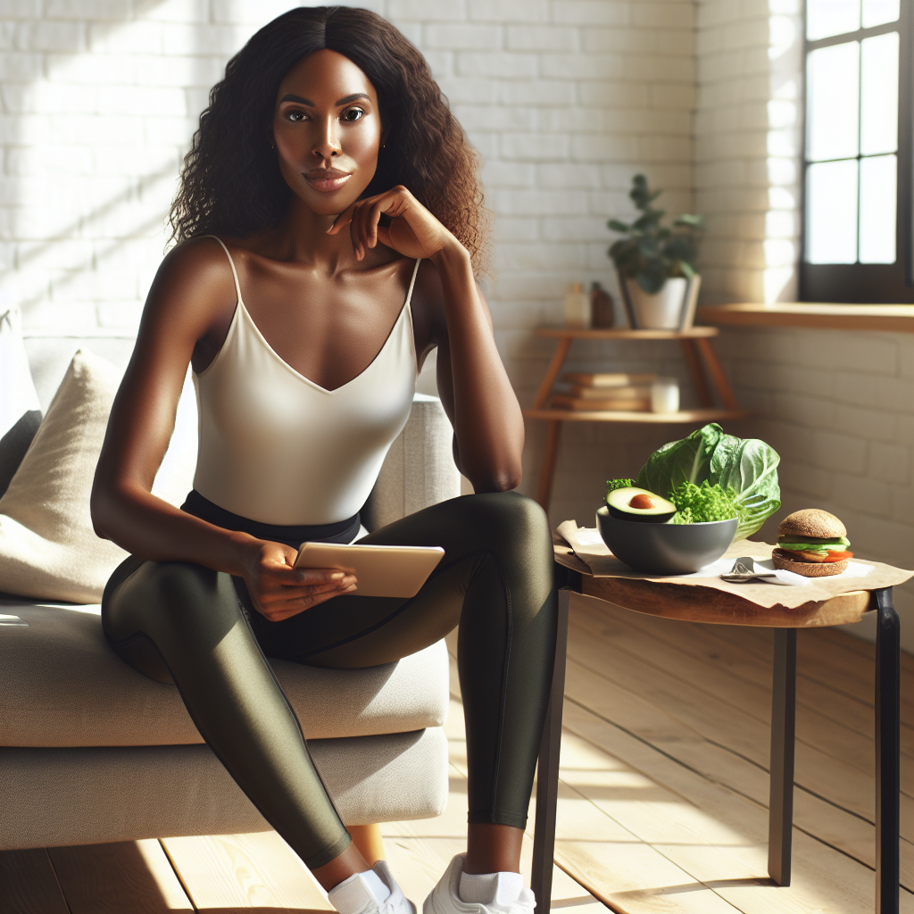 A serene and confident person, looking healthy and slimmer, is casually sitting in a bright, modern living room at home, perhaps reading a book or enjoying a quiet moment. No sports equipment or gym gear is visible. On a small side table next to them, there is an inviting arrangement of fresh, colorful keto-friendly foods: sliced avocado, a perfectly cooked egg, vibrant green salad, and a piece of grilled salmon. The overall atmosphere conveys effortless well-being and successful weight loss without strenuous activity. Realistic photography style, warm tones, focus on comfort and healthy living.