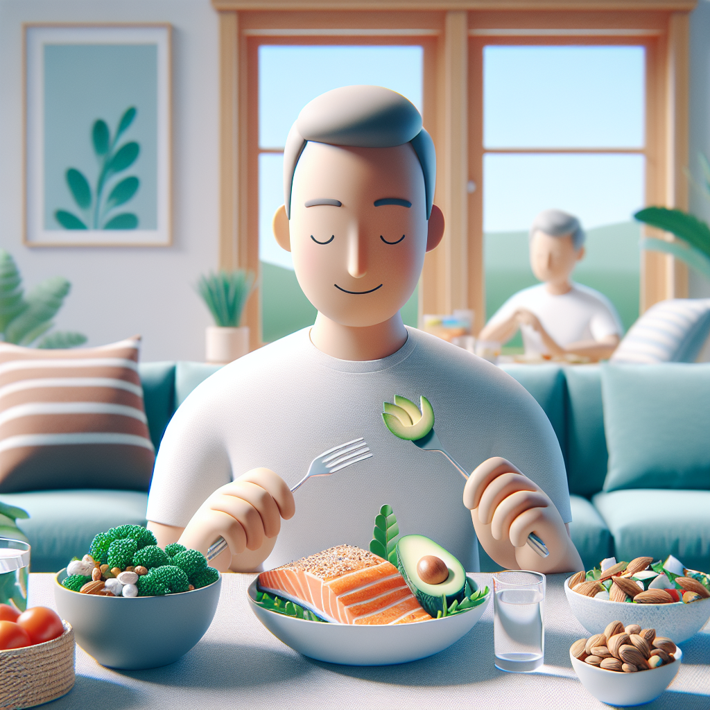 A healthy, relaxed person, perhaps sitting comfortably at home, enjoying a delicious and visually appealing ketogenic meal (e.g., grilled salmon, avocado, fresh leafy green salad, nuts). The scene should emphasize ease, comfort, and a pleasant lifestyle, distinctly without any athletic equipment, gym clothes, or signs of physical exertion, illustrating weight loss achieved through diet alone. Realistic photo style, bright and inviting atmosphere.