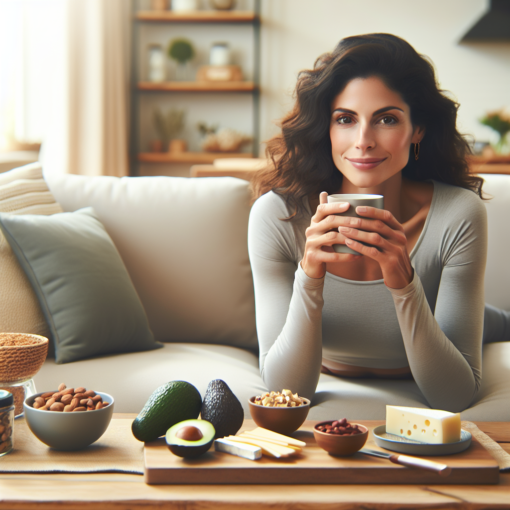 A happy, healthy woman relaxing comfortably on a sofa at home, enjoying a hot drink. Nearby, a simple arrangement of keto-friendly foods like avocado, cheese, and nuts is visible. No sports equipment or gym wear is present, emphasizing effortless weight loss without training. Bright, modern home environment, soft lighting, realistic photo.