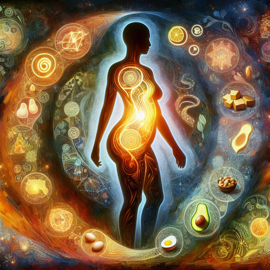 A conceptual illustration showing a stylized human torso with an internal glow where fat is being converted into energy. Surrounding this, abstract elements represent satiety, stable blood sugar, and keto-friendly foods (avocado, eggs, nuts), conveying effortless fat burning and reduced hunger without exercise. Clean, modern, and inviting art style.