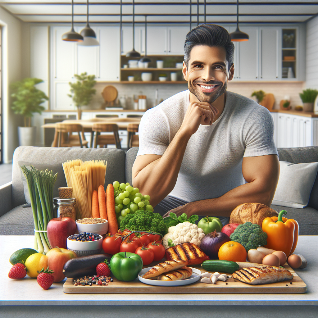 A person with a healthy and confident smile, relaxing comfortably in a bright, modern home kitchen or dining area. On a clean counter or table, there is an aesthetically pleasing arrangement of fresh, unprocessed foods: colorful fruits, crisp vegetables, lean protein (like grilled chicken or fish), and whole grains. There are no sports equipment, gym elements, or sweat visible. The atmosphere is calm, inviting, and emphasizes wellness and healthy eating as the path to body fat reduction, not strenuous activity. Soft, natural lighting. Realistic, high-quality photograph.
