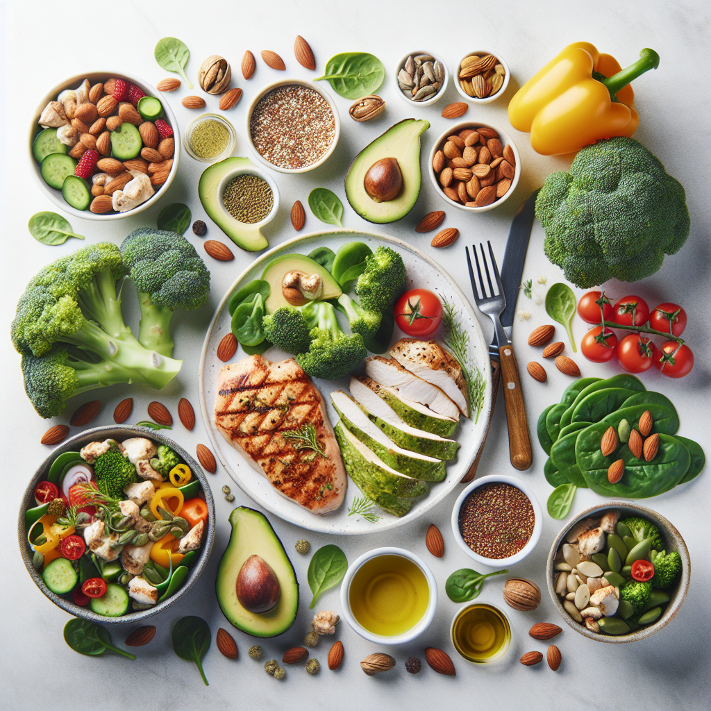 An aesthetically pleasing flat lay of a balanced, high-protein meal on a clean surface. The meal includes lean protein sources like grilled chicken or fish, healthy fats such as avocado slices and a sprinkle of nuts/seeds, and a vibrant array of colorful vegetables like broccoli, bell peppers, and spinach. The composition should look appetizing and wholesome, highlighting nutrition that supports body recomposition and muscle maintenance, under bright natural lighting.