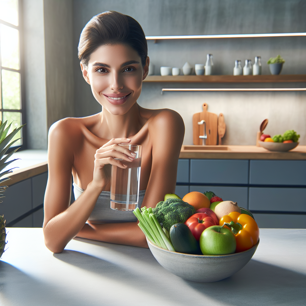 A calm, healthy-looking person in their bright, modern home kitchen, gently smiling while holding a glass of water. On the clean kitchen counter, a bowl of fresh fruit and colorful vegetables are artfully arranged, subtly suggesting a healthy lifestyle without intense effort. The scene conveys peaceful well-being and a sustainable, everyday approach to health, with no workout equipment visible. Soft natural light, high-quality photograph.