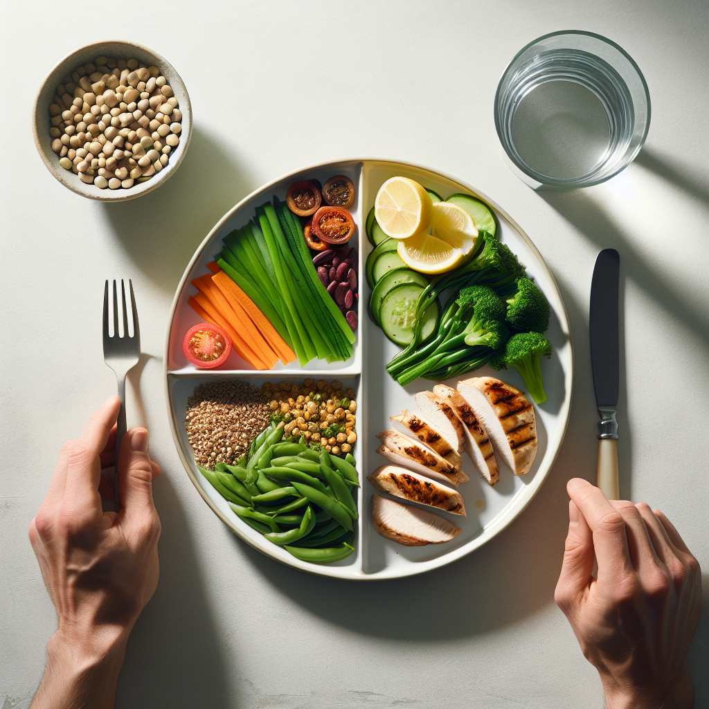A beautifully composed flat lay image of a balanced, appetizing meal on a clean white plate. Half the plate is filled with vibrant, steamed green vegetables, a quarter with lean protein (e.g., grilled chicken or legumes), and a quarter with a whole grain side. A glass of water is placed next to the plate, and a hand gently reaches for a fork, indicating mindful eating. The scene is bright, fresh, and emphasizes wholesome nutrition. Top-down view, professional food photography.