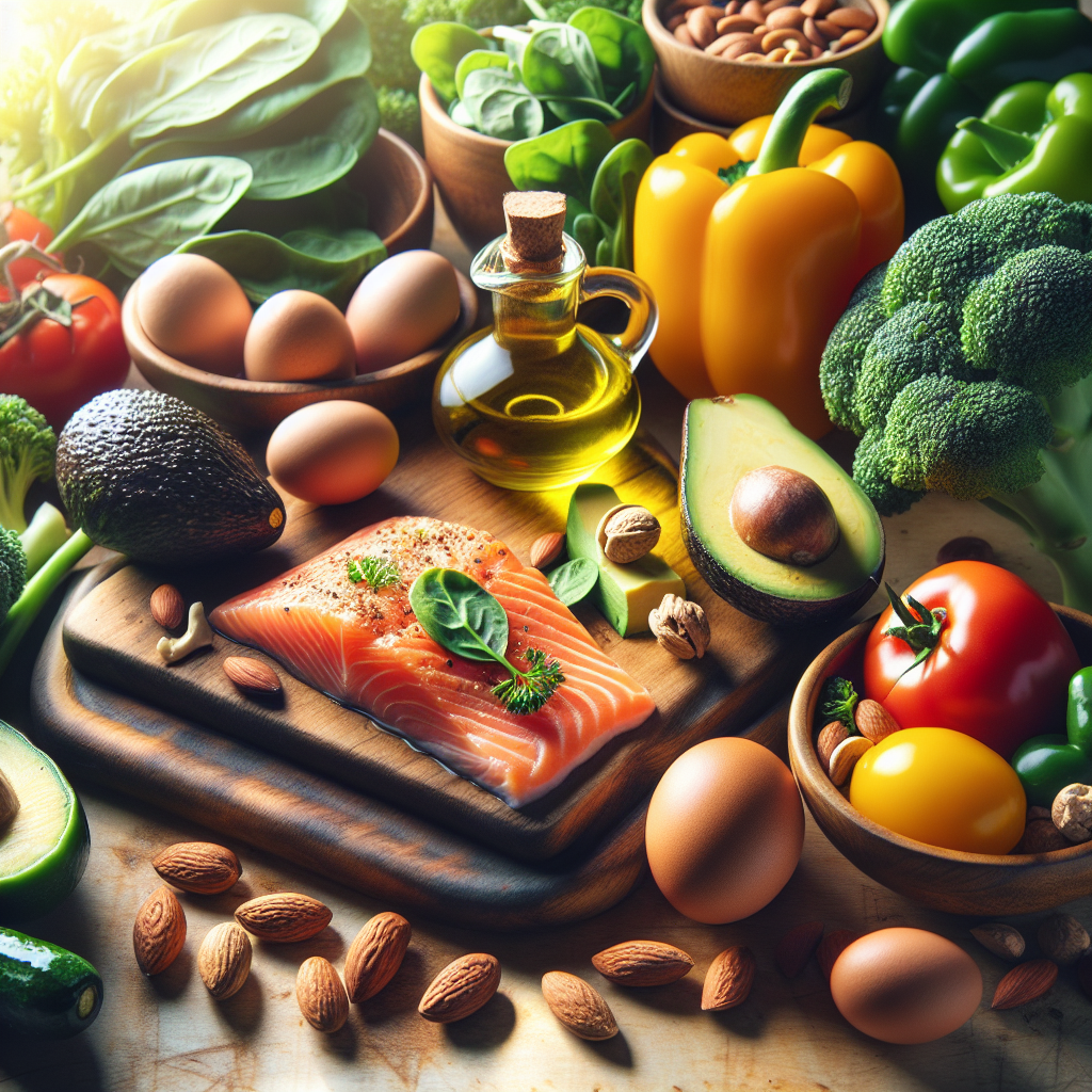 Eine ansprechende und appetitliche Auswahl an kohlenhydratarmen Lebensmitteln, kunstvoll auf einem Holzbrett oder einer Küchenarbeitsplatte arrangiert. Darauf zu sehen sind frisches Gemüse (z.B. Brokkoli, Paprika, Spinat), ein Stück gegrillter Lachs oder Hähnchenbrust, Avocado, Olivenöl, Eier und Nüsse. Die Komposition wirkt frisch, gesund und einladend, mit weicher, natürlicher Beleuchtung, die die Farben hervorhebt. Food-Fotografie-Stil, Detailaufnahme.