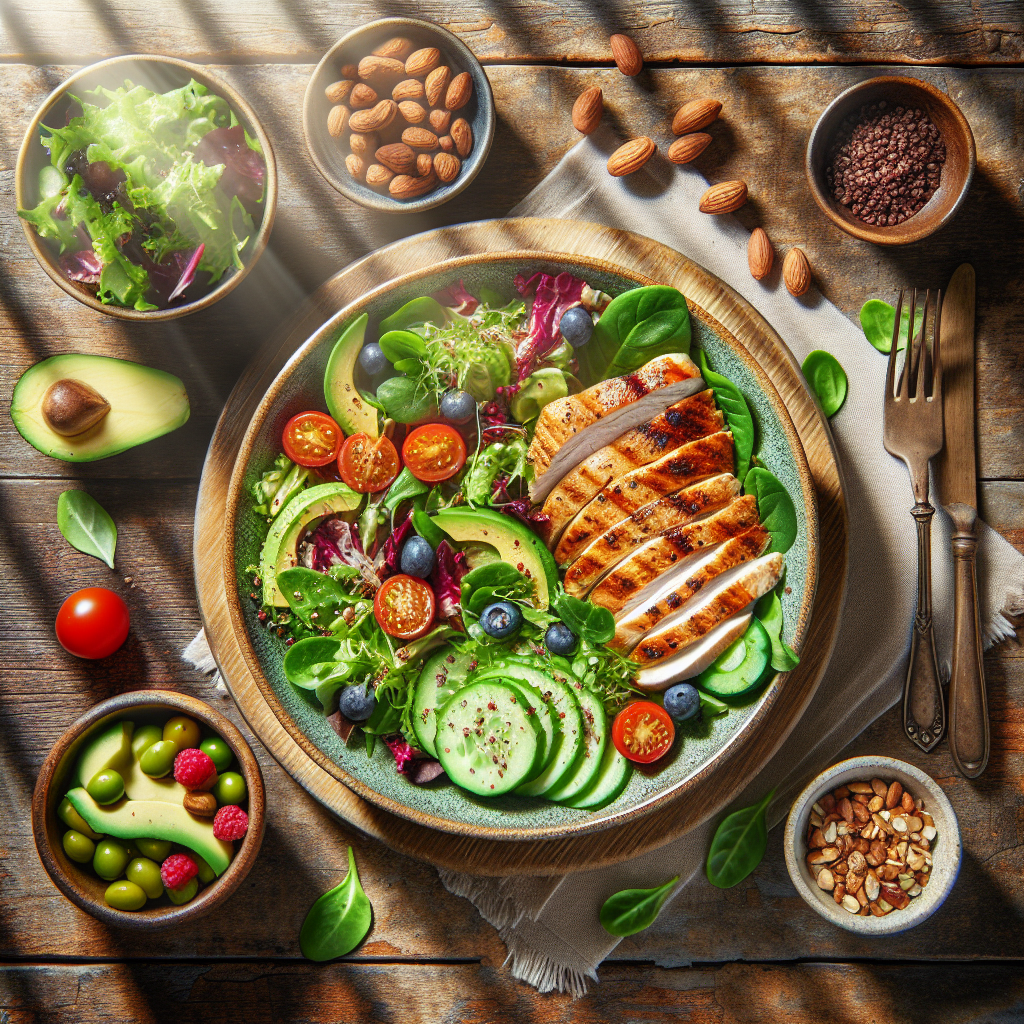 A beautifully composed flat lay image of a healthy, low-carb meal on a rustic wooden table. The meal features grilled chicken breast, a vibrant salad with mixed greens, avocado, cherry tomatoes, and cucumber, accompanied by a small bowl of nuts and berries. Sunlight streams in, highlighting the freshness and appeal of the food. Food photography, bright and inviting.