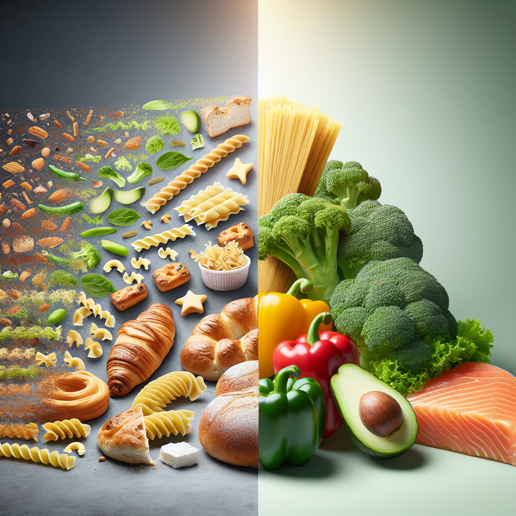A symbolic image representing the shift from high-carb to low-carb eating. On one side, a blurred or fading pile of bread, pasta, and pastries. Transitioning smoothly into the other side, a clear, vibrant array of fresh vegetables (broccoli, bell peppers), lean protein (fish fillet), and healthy fats (avocado). The background is clean and minimalistic, emphasizing the positive change towards health and lightness.