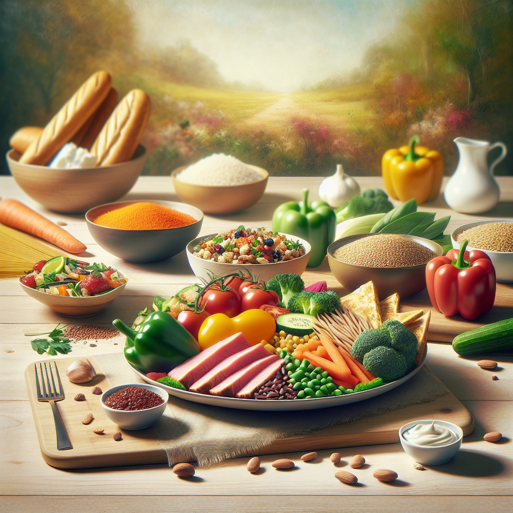 A balanced and aesthetically pleasing meal preparation scene on a light wooden table. In the foreground, a vibrant plate features lean protein (like grilled chicken or fish), a generous serving of colorful, fresh vegetables, and a modest, deliberate portion of complex carbohydrates such as quinoa, lentils, or a small slice of whole-grain bread. In the background, slightly blurred, common carbohydrate-rich foods like pasta, white bread, or rice are present, subtly suggesting reduction and conscious choice rather than complete elimination. Soft, natural light highlights the freshness and healthiness, conveying moderation and mindful eating for weight loss. Realistic photography style.