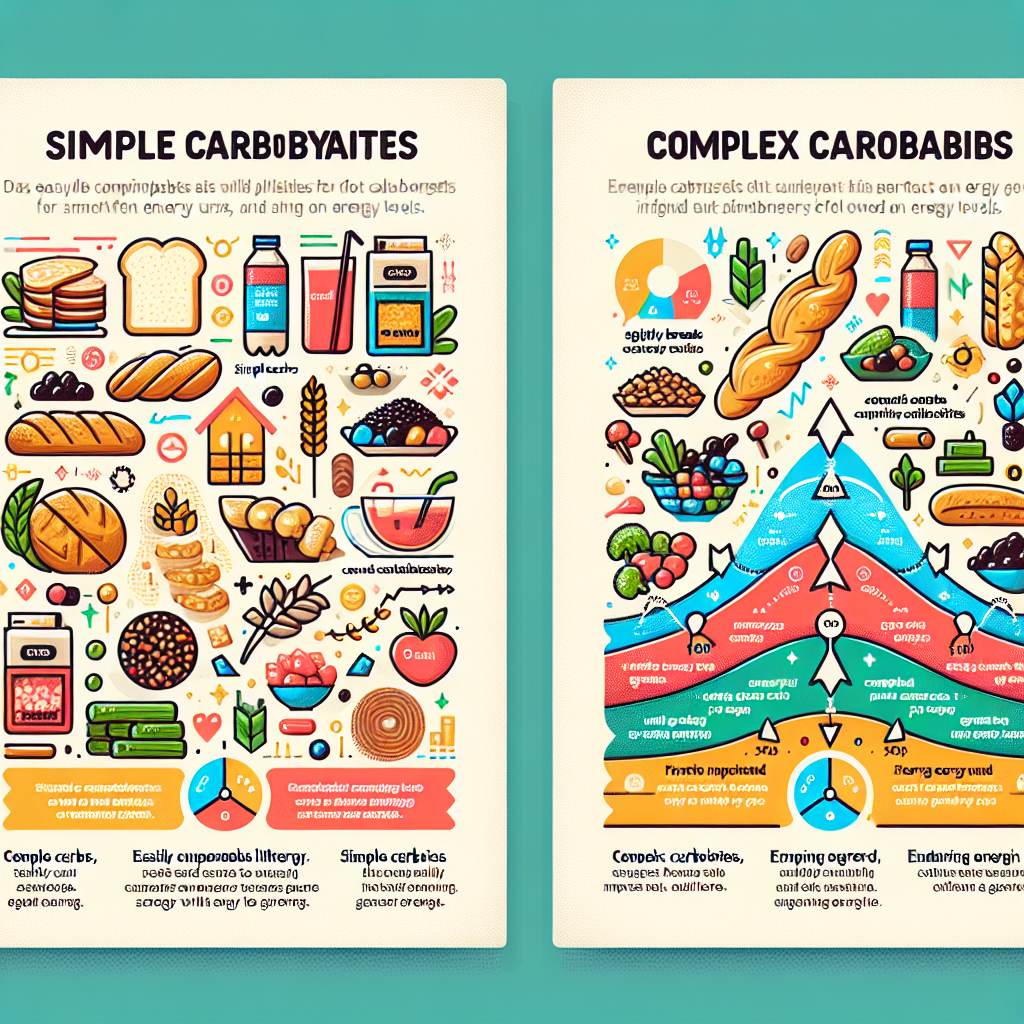 An engaging infographic-style illustration contrasting 'simple carbohydrates' and 'complex carbohydrates' and their effect on energy levels. On one side, simple carbs are depicted as easily digestible foods like sweets, white bread, or sugary drinks, accompanied by a steep, short-lived energy curve and an icon representing a brief rush followed by a crash. On the other side, complex carbs are shown as whole grains, legumes, and vegetables, paired with a gradual, sustained energy curve and an icon symbolizing lasting energy and satiety. Use clear, distinct visual elements and a clean, informative aesthetic, perhaps with different color palettes (e.g., bright for simple, earthy for complex) to differentiate the two categories.
