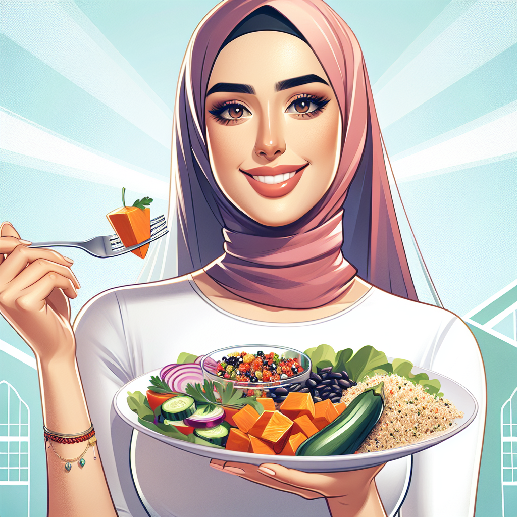 A person with a cheerful and energetic expression, holding a fork near a plate filled with colorful, healthy complex carbohydrates such as quinoa, roasted sweet potatoes, leafy greens, and lentils. The background is bright and clean, suggesting a healthy lifestyle. The person looks fit and satisfied, embodying sustainable weight loss. Modern, vibrant, and inviting style.
