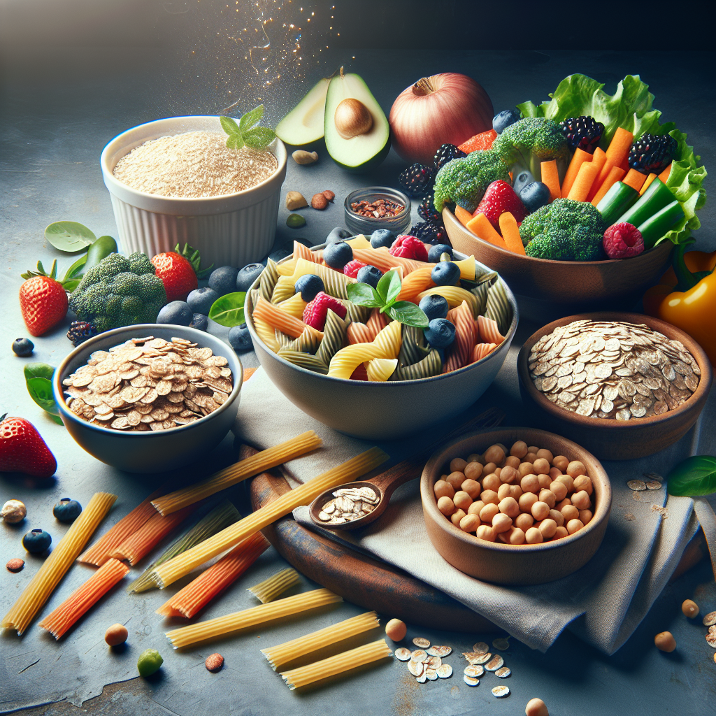 An inspiring image of diverse, unprocessed complex carbohydrates (like a bowl of whole grain pasta with vegetables, a plate of oats with berries, and a vibrant salad with chickpeas) artfully arranged to symbolize vitality and sustained energy. A subtle, light glow emanates from the food, suggesting health and effective weight management. The atmosphere is fresh and inviting, promoting the idea that these foods are allies in losing weight. Clean, modern photography style.