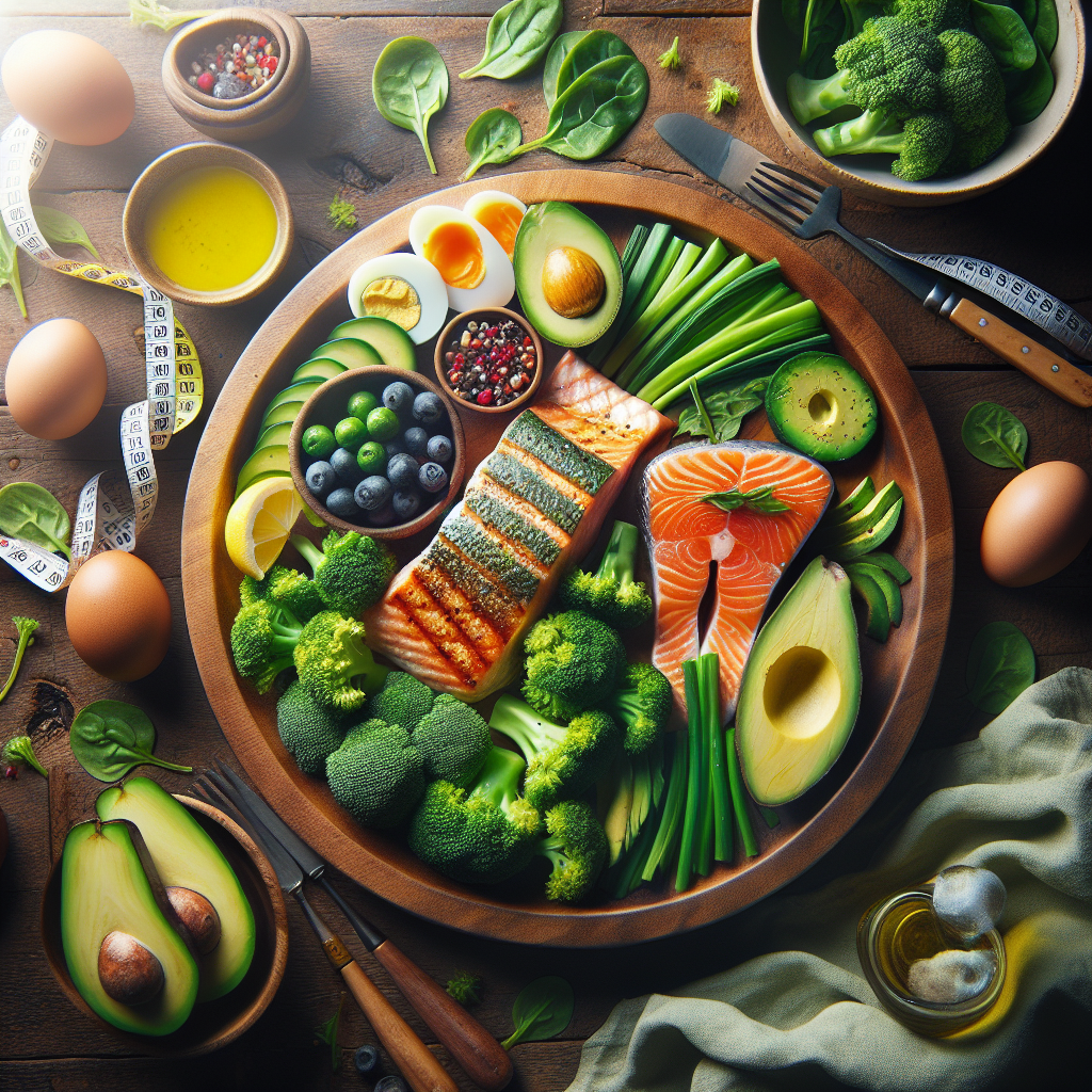 A vibrant flat lay photograph of a delicious and healthy low-carb meal setup on a rustic wooden table. Include grilled salmon or chicken, various fresh green vegetables (spinach, broccoli, avocado), eggs, and a small bowl of berries. The arrangement should be artful and appetizing, emphasizing freshness and abundance. A subtle, out-of-focus background element could hint at a measuring tape or a silhouette of a person feeling lighter, symbolizing weight loss without explicit numbers. Bright, natural lighting, professional food photography style.