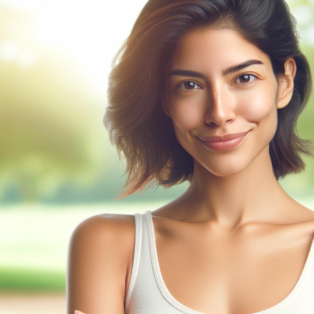 A serene and energetic person (diverse, ambiguous gender) smiling subtly while enjoying a light morning activity, like a peaceful walk in a sunny park or gentle stretching by a window. The image should convey a sense of sustained vitality, contentment, and a feeling of 'no hunger' or well-being. Their expression is calm and satisfied, not strained. The background should be bright and inviting, suggesting a healthy and balanced lifestyle. Realistic photo style with soft, optimistic colors.