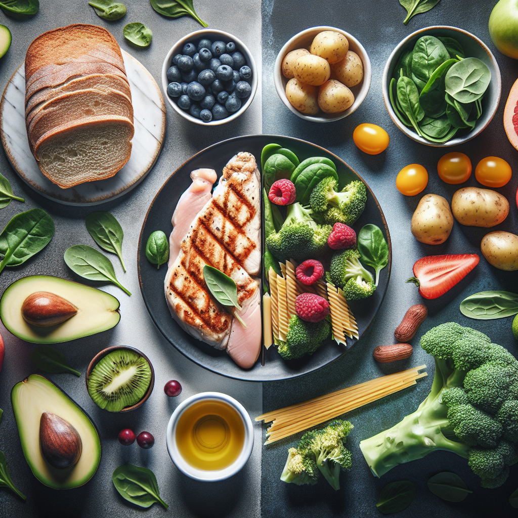 A clean, modern flat lay. On one side, a small pile of common high-carb foods (e.g., sliced bread, pasta, potatoes) being subtly pushed aside or reduced. On the other side, a colorful and appealing arrangement of healthy low-carb foods (e.g., grilled chicken breast, avocado, broccoli, spinach, berries). The image symbolizes conscious food choices for weight loss, with excellent natural lighting and a fresh, inviting feel.