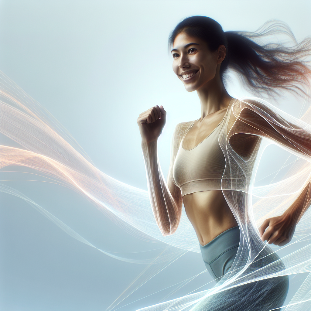 A vibrant and energetic person (man or woman) smiling confidently, in an active pose like a light jog or dynamic stretch, against a bright, minimalist background. Subtle, abstract graphic elements such as gentle upward-flowing lines or a soft glow emanate from their body, symbolizing sustained energy and efficient fat burning for weight loss, without showing explicit food. The overall mood is positive, healthy, and empowering.