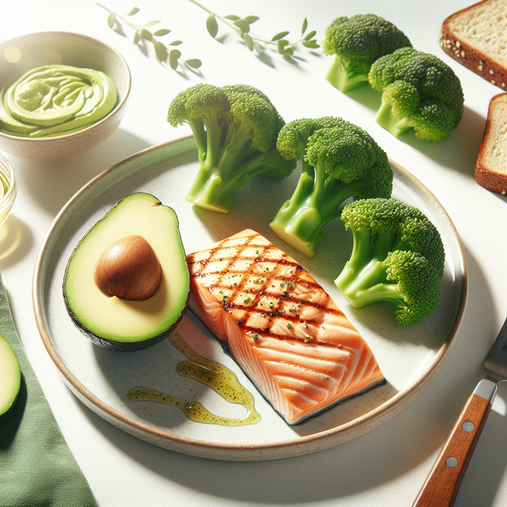 A vibrant, healthy plate of food for a carbohydrate-free diet, featuring a perfectly grilled salmon fillet, fresh green broccoli florets, and a creamy avocado half. The setting is bright and clean, with a focus on wholesome, natural ingredients. The image should convey nutrition and well-being, clearly omitting typical high-carb foods like bread or pasta.