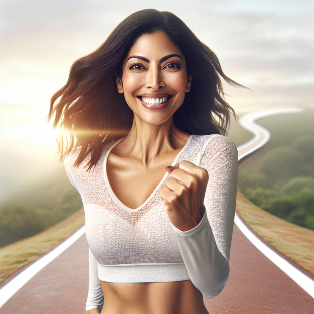 A person with a confident, joyful smile, radiating health and vitality, walking energetically on a bright, winding path under a soft, morning sky. The path symbolizes a successful, sustainable weight loss journey. The person is wearing modern athletic wear, looking fit and strong, with a clear sense of accomplishment and renewed energy. The overall mood is positive, encouraging, and focused on healthy transformation, without any hints of struggle or deprivation. Realistic, modern photography style.