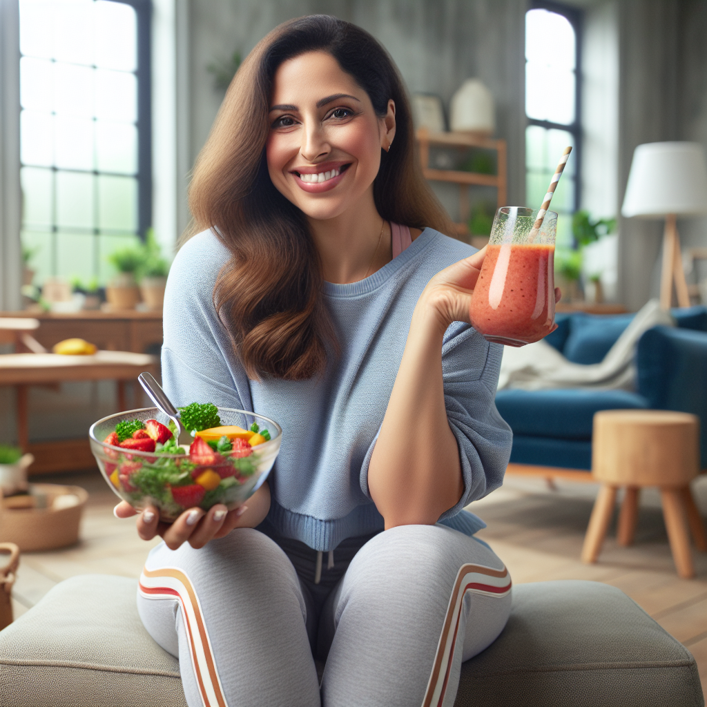 A person looking noticeably slimmer and happy, casually dressed in a comfortable home environment. They are smiling confidently while holding a bowl of fresh, healthy salad or a smoothie. There is no sports equipment, gym clothing, or any indication of physical exercise in the image. The setting suggests effortless weight loss through mindful eating and lifestyle changes, not strenuous workouts.
