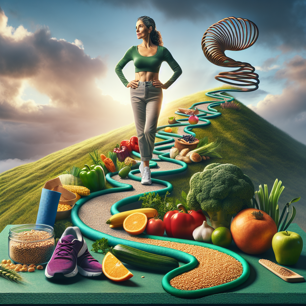 A visual metaphor illustrating sustainable, long-term weight loss without the yo-yo effect. Picture a serene, gently winding path ascending steadily, composed of healthy lifestyle elements like fresh fruits, vegetables, whole grains, and light activity (walking shoes, a yoga mat). At the top of the path, a person stands confidently, radiating health and lasting well-being. In the background, a chaotic, zig-zagging line resembling a yo-yo string dramatically contrasts the smooth ascent, symbolizing the pitfalls of quick-fix diets. The overall image should evoke a sense of calm, steady progress and enduring success. Realistic, optimistic lighting.