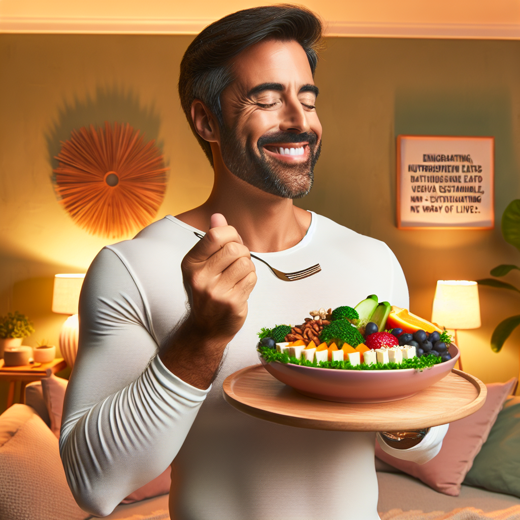 A serene and healthy person radiating calm happiness, enjoying a peaceful moment in a comfortable home setting. They are holding a plate of fresh, healthy food, symbolizing long-term weight loss achieved through a sustainable, non-strenuous lifestyle. Soft, natural light fills the scene, emphasizing well-being without any exercise equipment. Realistic style, warm colors.