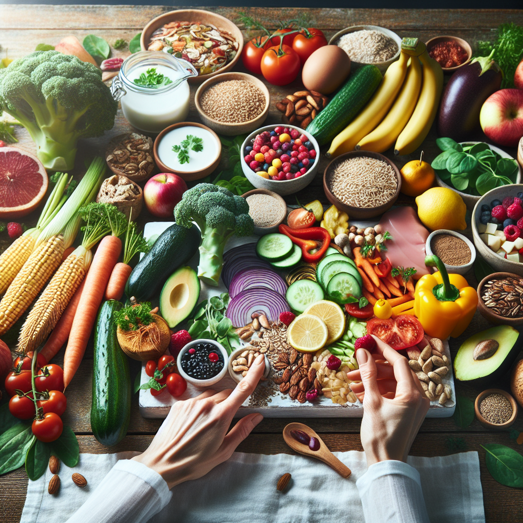 An inviting, artfully arranged close-up of a variety of colorful, fresh and healthy foods: vibrant vegetables, whole grains, lean protein, and fruits. A pair of hands is gently selecting food from the spread, conveying mindful eating and clever, sustainable dietary choices for long-term health. The scene is bright and natural, emphasizing nutrition over restriction. Realistic style, rich textures.