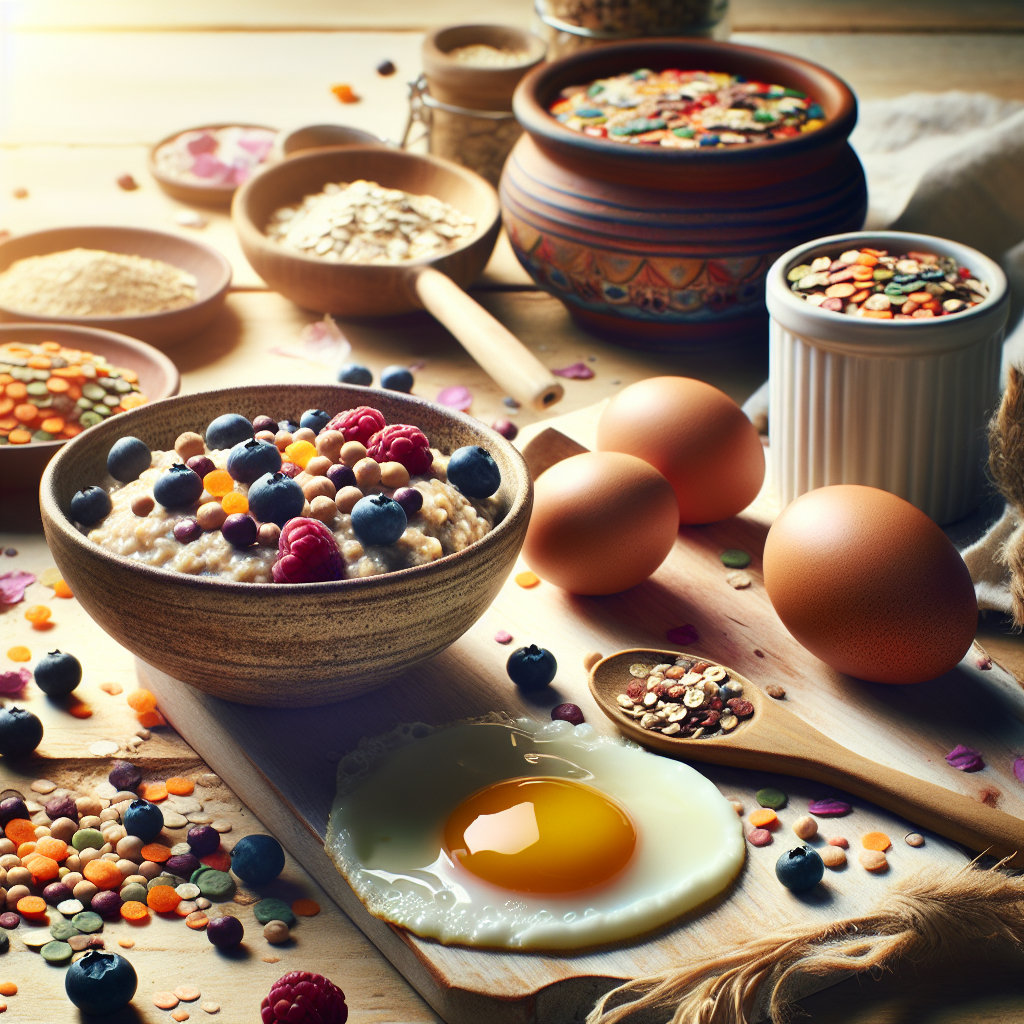 A vibrant and inviting still life of natural, appetite-stopping foods: a rustic bowl of oatmeal with fresh berries, a colorful medley of lentils and chickpeas, and a perfectly cooked egg. The items are artfully arranged on a light wooden table, bathed in soft, natural light, conveying a sense of wholesome nourishment, comfort, and lasting satiety. The style should be bright, clean, and appealing, emphasizing health and natural ingredients.