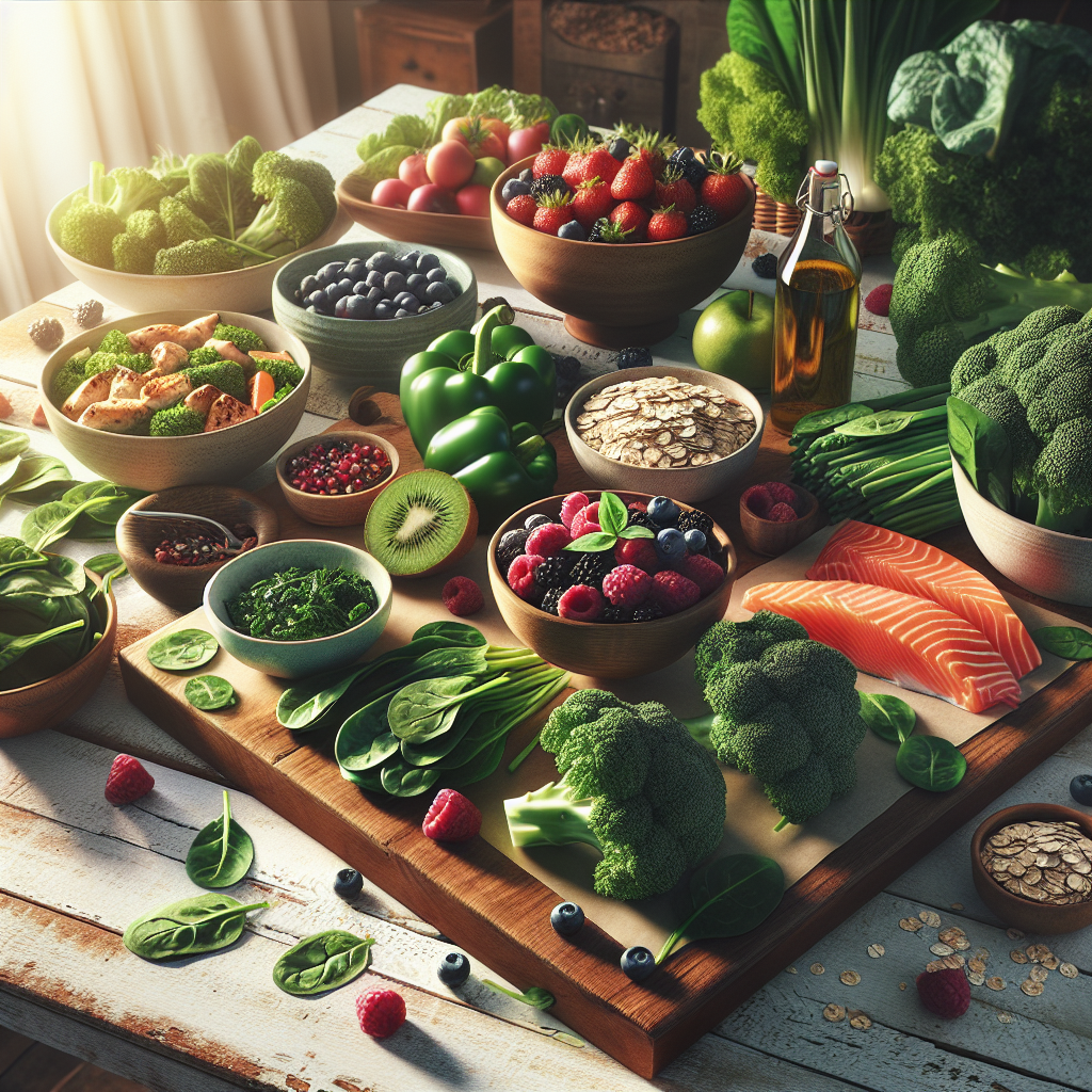 A vibrant and artfully arranged spread of various healthy, fat-loss supporting foods on a bright, rustic wooden table. Prominently featuring fresh green vegetables like broccoli, spinach, and kale, alongside colorful berries, lean protein (e.g., grilled chicken or salmon), and a bowl of oats. The scene conveys a sense of natural vitality, health, and satisfying nourishment. Soft natural light, high-quality food photography, inviting atmosphere.
