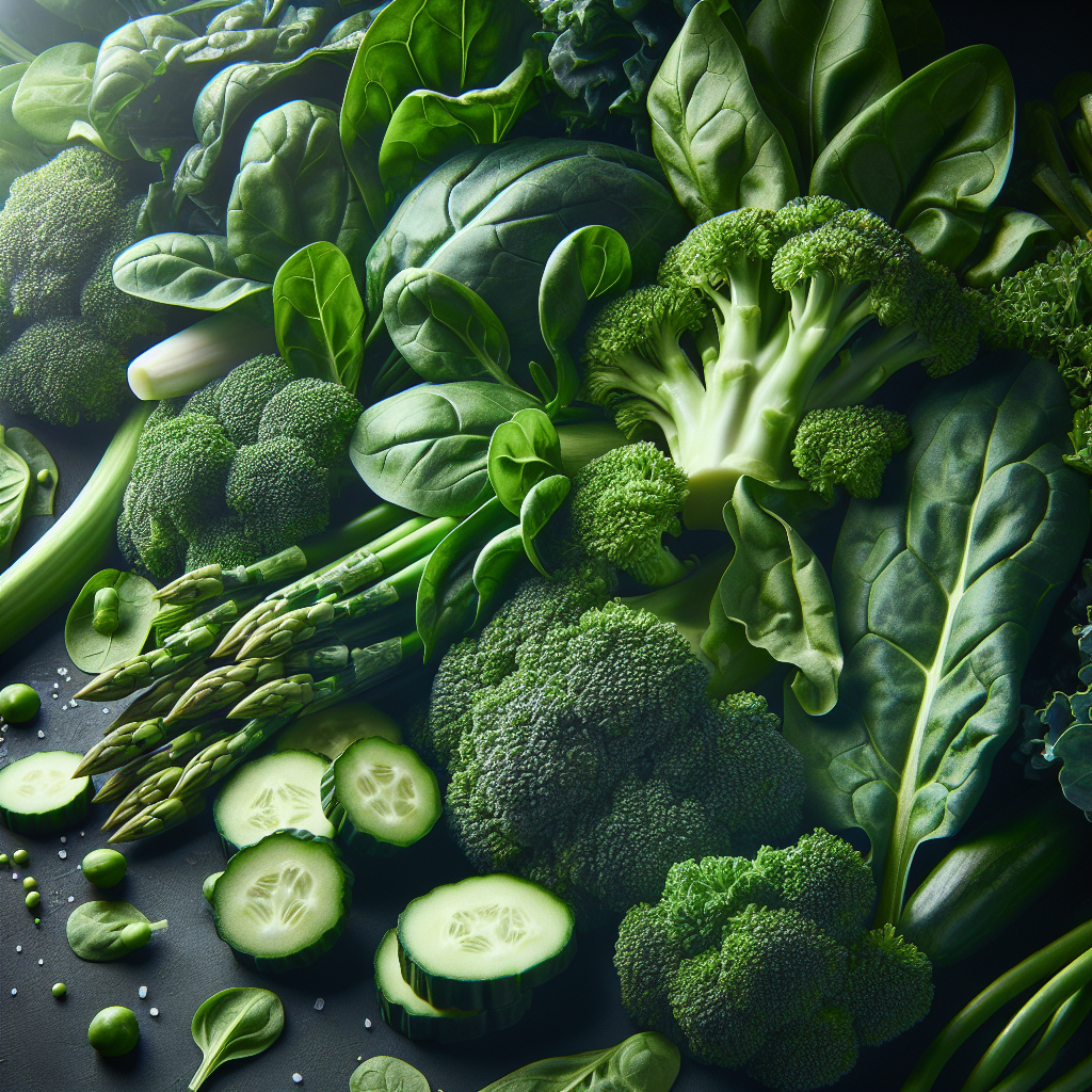 A close-up, dynamic composition of fresh, crisp green vegetables: vibrant broccoli florets, lush spinach leaves, and deep green kale. The vegetables are artfully arranged to suggest energy and movement, with a subtle, soft glow or sparkling effect implying an active metabolism. Bright studio lighting, sharp focus on rich textures and vibrant colors, clean and fresh aesthetic.