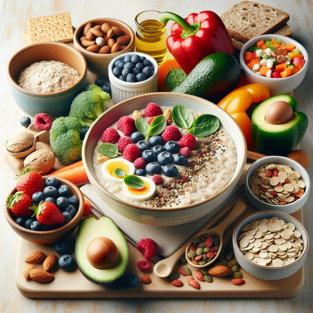 A vibrant and wholesome flat lay image of diverse, healthy satiating foods arranged artfully on a light wooden table. Feature a prominent bowl of creamy oatmeal topped with fresh berries, nuts, and a sprinkle of seeds. Alongside, include items like colorful vegetables (e.g., bell peppers, spinach, carrots), whole-grain bread or crackers, a handful of legumes (e.g., lentils, chickpeas), some avocado slices, and possibly a hard-boiled egg or cottage cheese. The overall aesthetic should be fresh, clean, and inviting, with soft natural lighting, conveying a feeling of sustained energy and satisfaction.