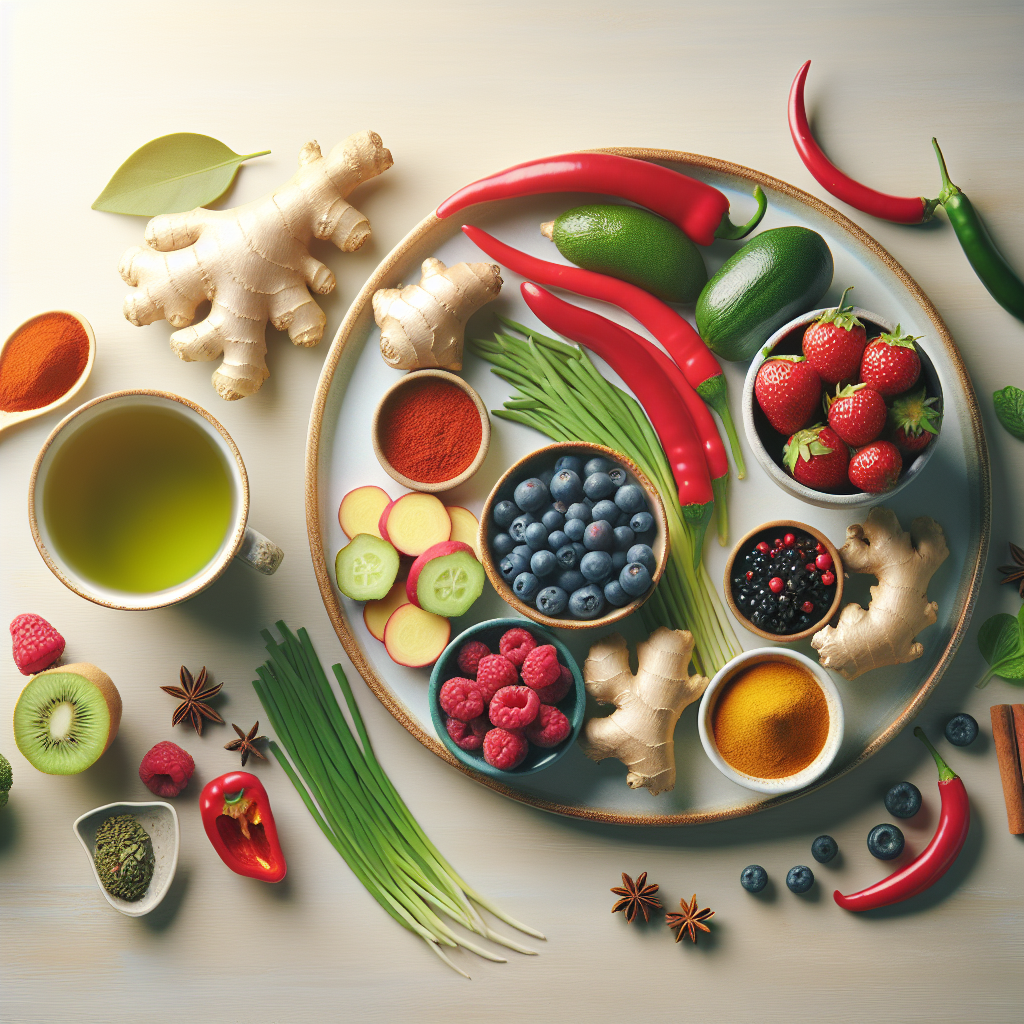 A vibrant and artfully arranged flat lay of fresh metabolism-boosting foods on a light wooden table. Include a steaming cup of green tea, bright red chili peppers, fresh ginger, berries, and a sprinkle of spices. A subtle, warm glow emanates from the food, symbolizing energy and vitality. Bright, natural lighting, clean and modern food photography style.