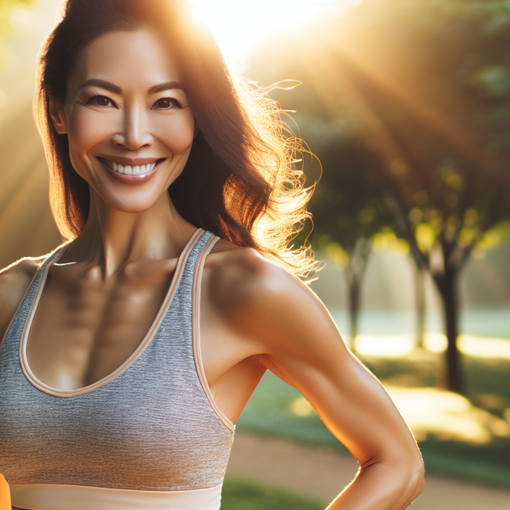 A radiant and energetic woman in her 30s-40s, with a fit physique, smiling confidently while taking a brisk walk in a sunny park. She looks light and healthy, embodying successful and sustainable weight loss. Soft morning light, vibrant green background. Fitness and wellness aesthetic.