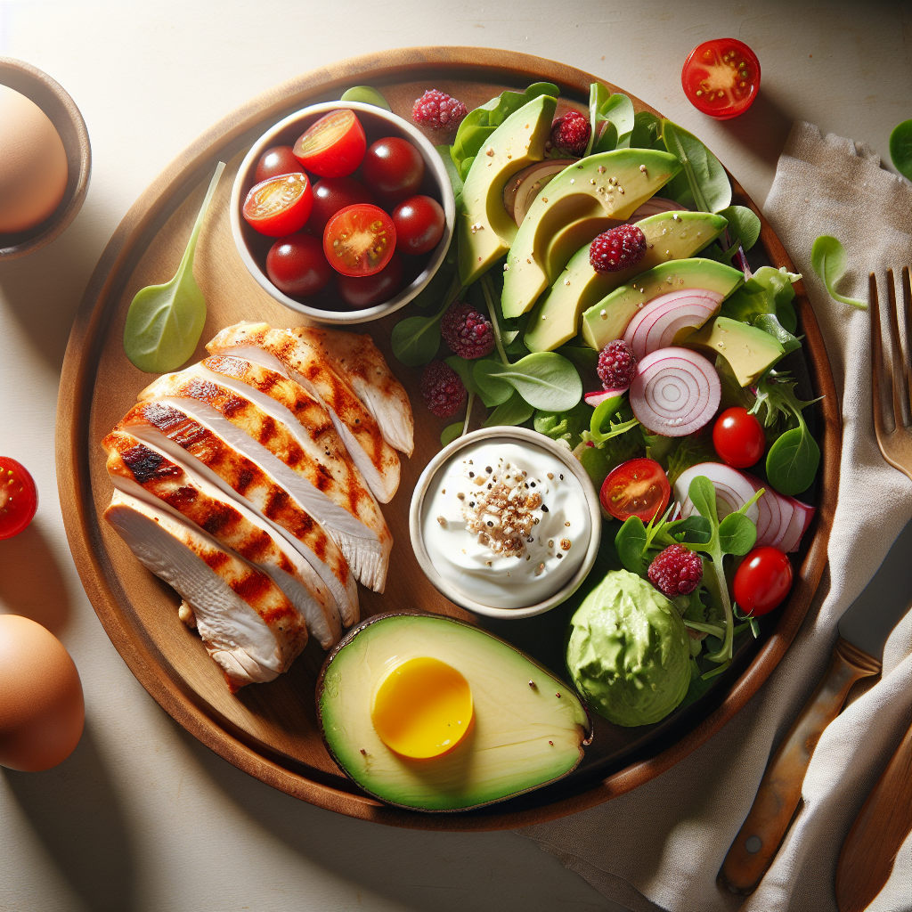 A beautifully arranged flat lay of a diverse and delicious protein-rich meal. The plate features grilled chicken breast, a soft-boiled egg, fresh avocado slices, colorful mixed greens, cherry tomatoes, and a small bowl of Greek yogurt with berries. All ingredients look fresh, vibrant, and appetizing. Bright, natural lighting on a clean wooden table.