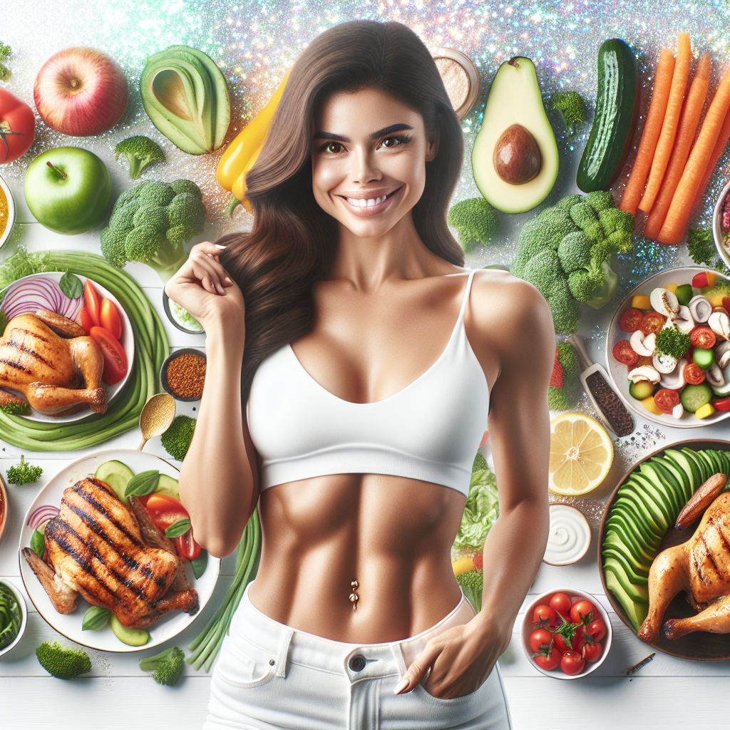 A healthy, fit person with a flat stomach smiling confidently, surrounded by an inviting spread of delicious low-carb foods like grilled chicken, vibrant vegetables, and avocado. Bright, clean aesthetic, conveying vitality and successful weight management.