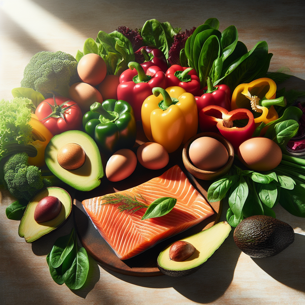 An aesthetically pleasing still life of fresh, colorful low-carb ingredients arranged on a light wooden table: abundant leafy greens, bell peppers, lean fish (e.g., salmon), eggs, and avocado, with natural light. Focus on the natural beauty and nutritional richness of the food.