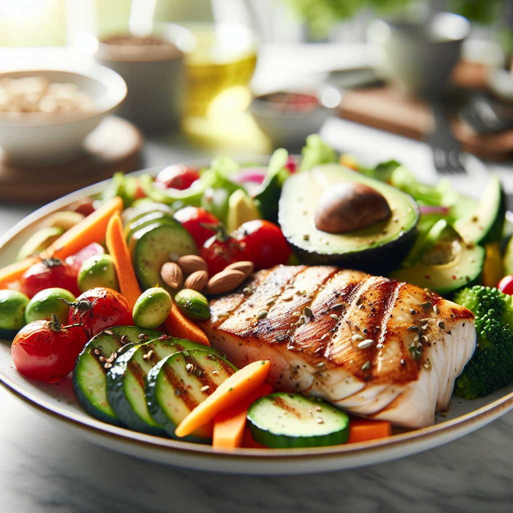 An inviting, close-up shot of a healthy, vibrant low-carb meal, rich in colorful vegetables, lean protein (like grilled fish or chicken), and healthy fats (like avocado or nuts), beautifully arranged on a white plate. The background is softly blurred, evoking a clean, modern kitchen or dining setting. High-quality food photography, natural lighting.