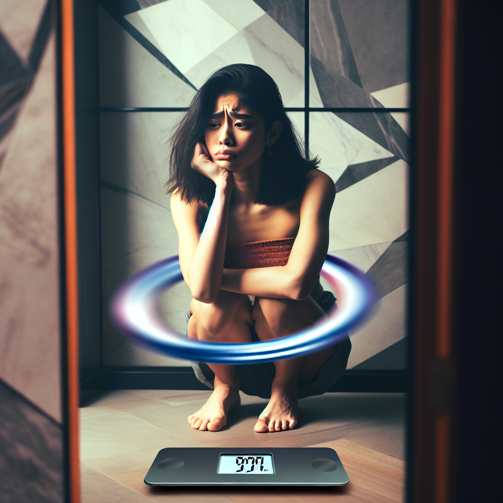 A person looking disheartened and frustrated, standing on a bathroom scale that shows fluctuating numbers. Around them, there's a subtle visual representation of a yo-yo, perhaps as a faded overlay or a graphic element, symbolizing the cyclical weight gain and loss. The overall mood is one of struggle and disappointment, with soft, realistic lighting in a modern bathroom.
