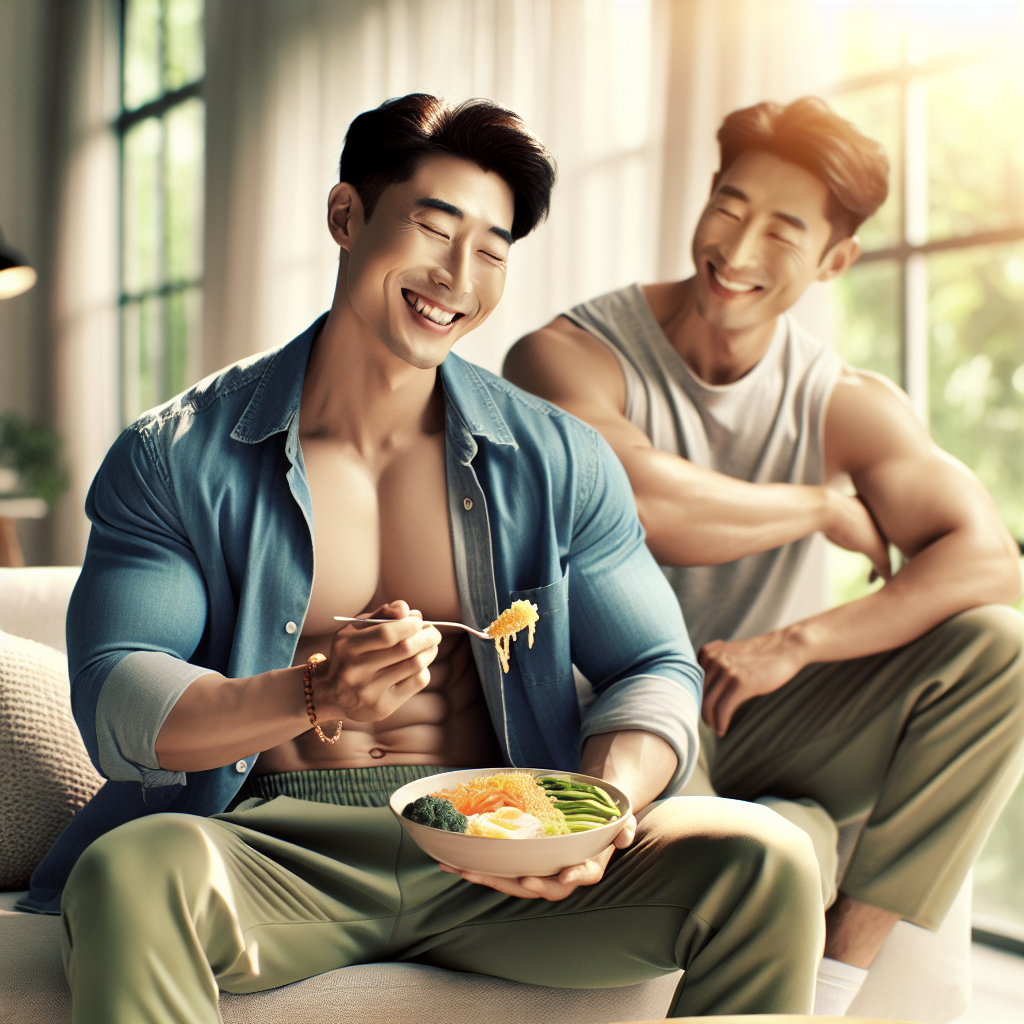 A relaxed and happy person, sitting comfortably at home, enjoying a healthy low-carb meal with a content smile, radiating a sense of effortless weight loss and well-being. No gym equipment or workout attire is visible. The atmosphere is calm, inviting, and shows a serene everyday life, not strenuous activity. Soft, natural lighting.