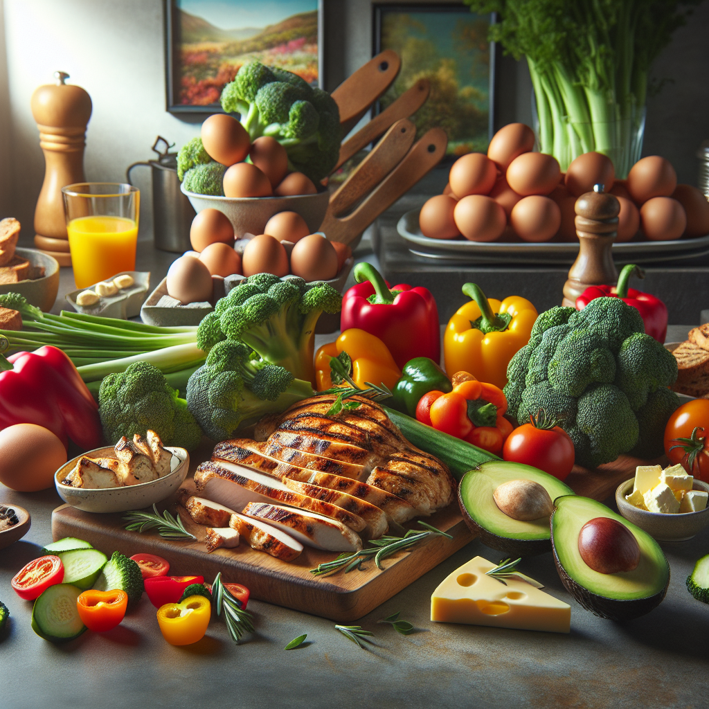 A beautifully arranged and appetizing still life of diverse low-carb foods: grilled chicken, fresh colorful vegetables (broccoli, bell peppers), avocado, eggs, and a small portion of cheese, elegantly presented on a kitchen counter. The scene emphasizes healthy and delicious eating as an easy path to weight loss, with no sporting elements.