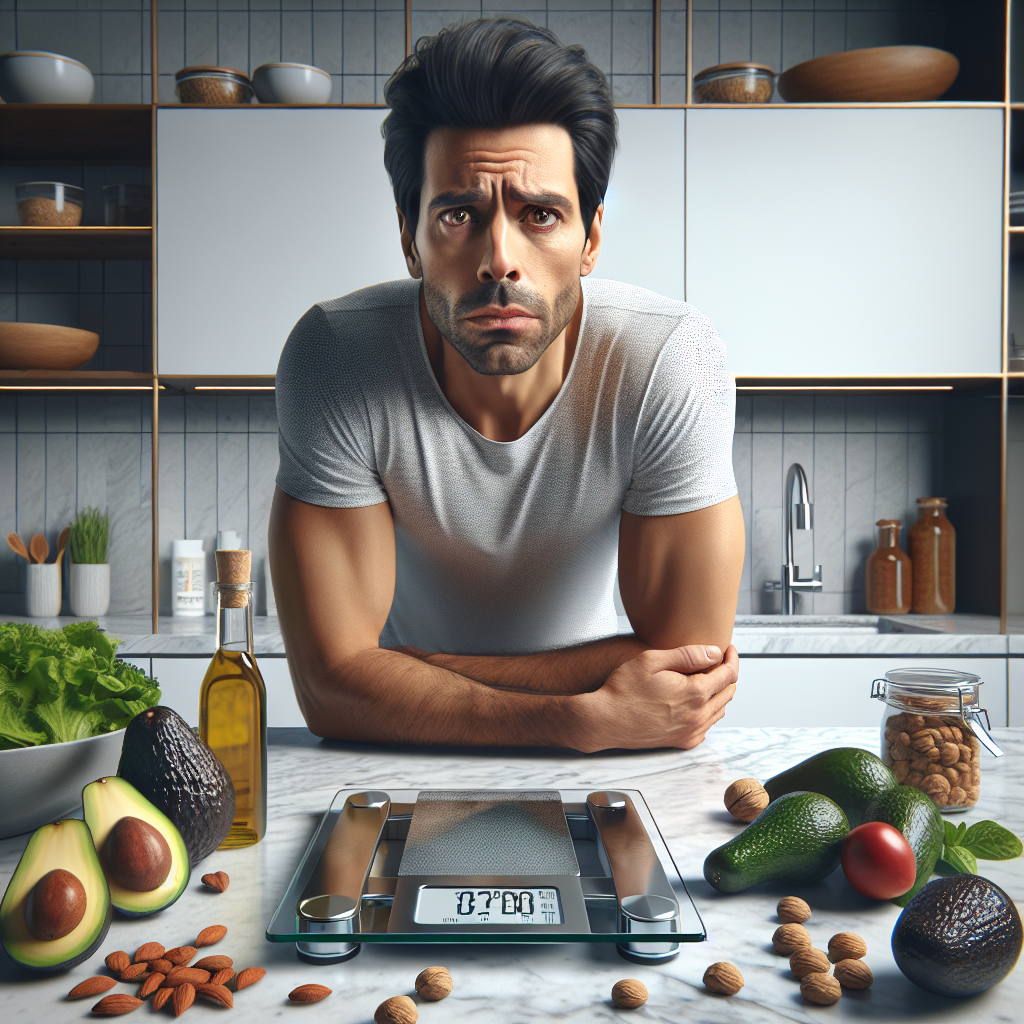 A person with a look of frustration and confusion, standing in a modern, bright kitchen, staring intently at a digital bathroom scale that displays an unchanging weight. On a nearby counter, a selection of healthy low-carb foods like avocados, nuts, olive oil, and leafy greens are visible. The scene captures the feeling of effort without progress. Photorealistic, high detail.